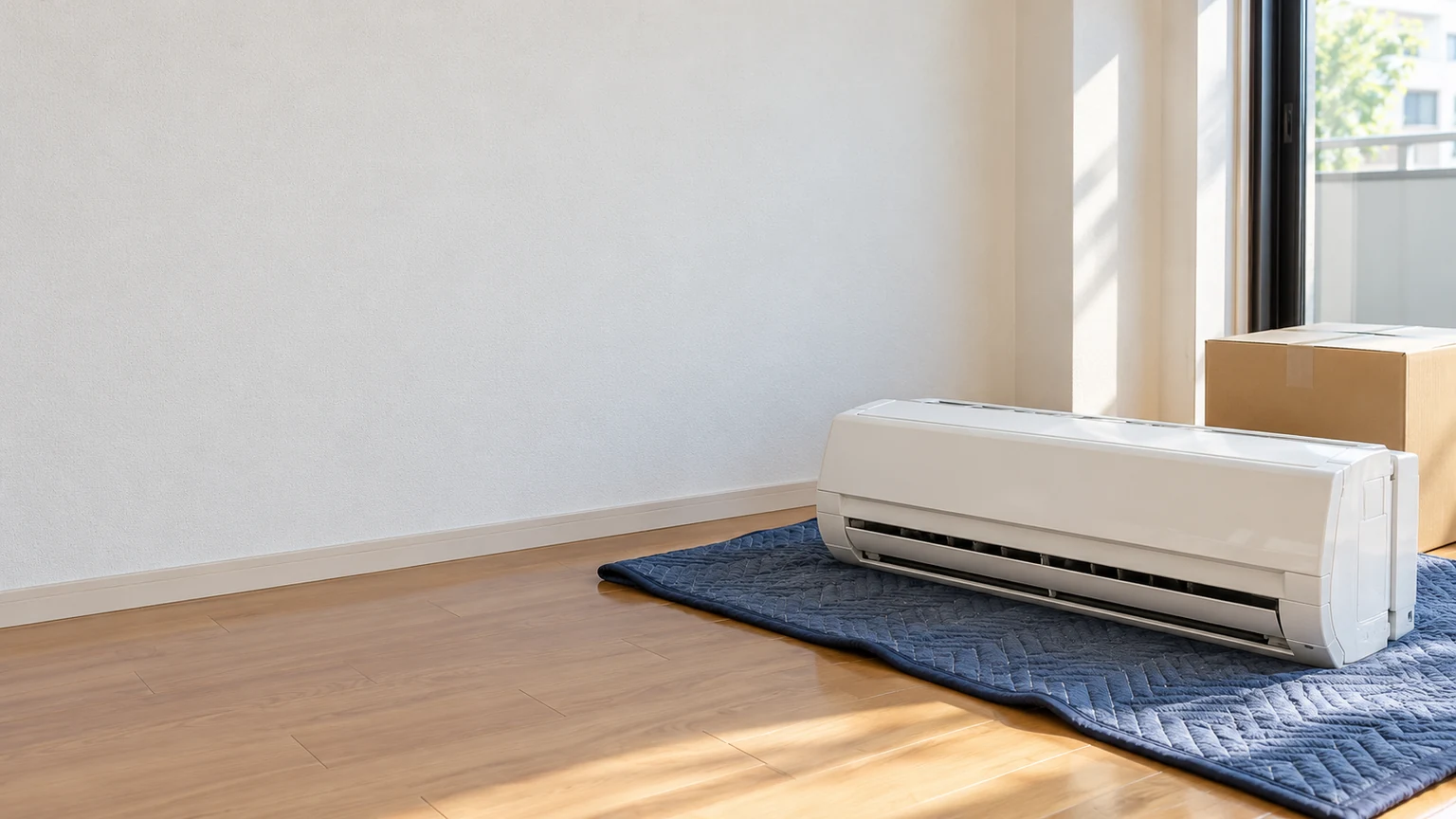 木の床の保護毛布の上に置かれた取り外し済みの室内機と、そばの引っ越し用段ボール