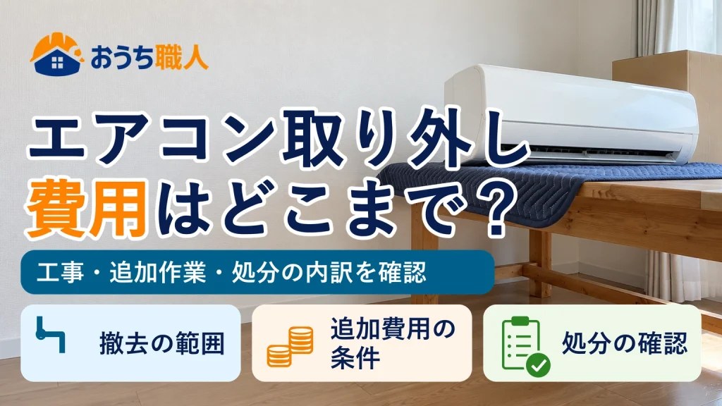 保護毛布を敷いた台の上の取り外し済みエアコンと、撤去・追加作業・処分の費用確認点