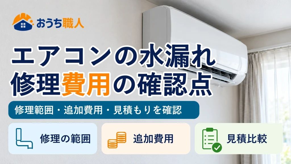 白い壁のエアコンから水が滴る写真と、修理範囲・追加費用・見積もりの確認点を示す見出し